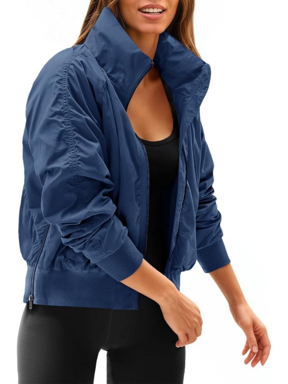 Women Navy Polyester Hidden Hooded Long Sleeve Zip Up Pocket Bomber Jacket